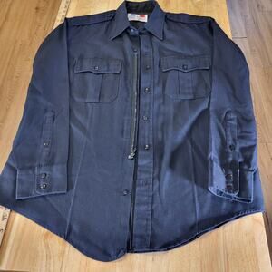 Vintage Flying Cross Dacron Rayon Blend Navy Blue Faux Button Zip 26" P2P